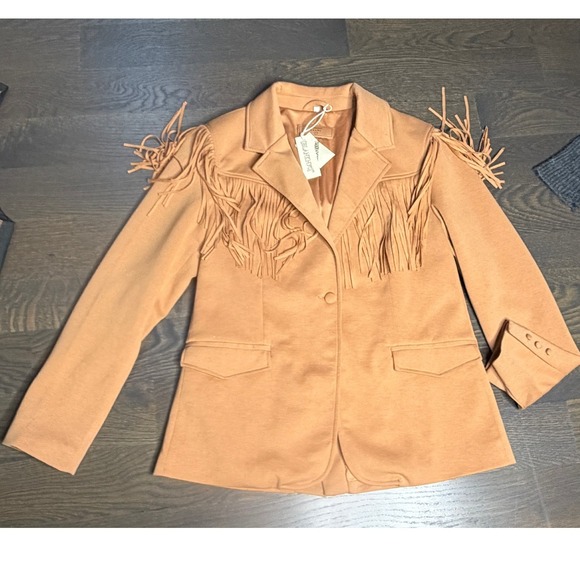 NEW BLANKNYC Faux Tan Suede Fringe Western Blazer Jacket Womens Size L - Picture 3 of 8